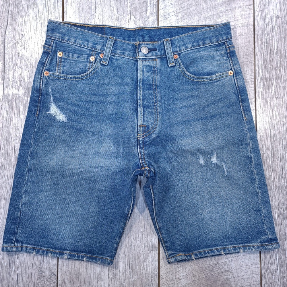 Levis 501 Denim Shorts Mens 30 Blue Distressed Button Fly Cut Off Jean Shorts